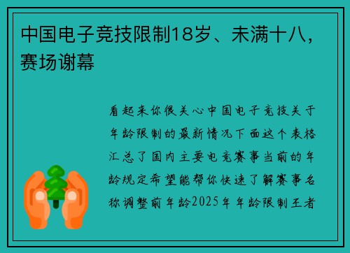 中国电子竞技限制18岁、未满十八，赛场谢幕