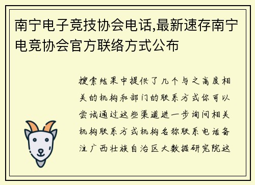 南宁电子竞技协会电话,最新速存南宁电竞协会官方联络方式公布
